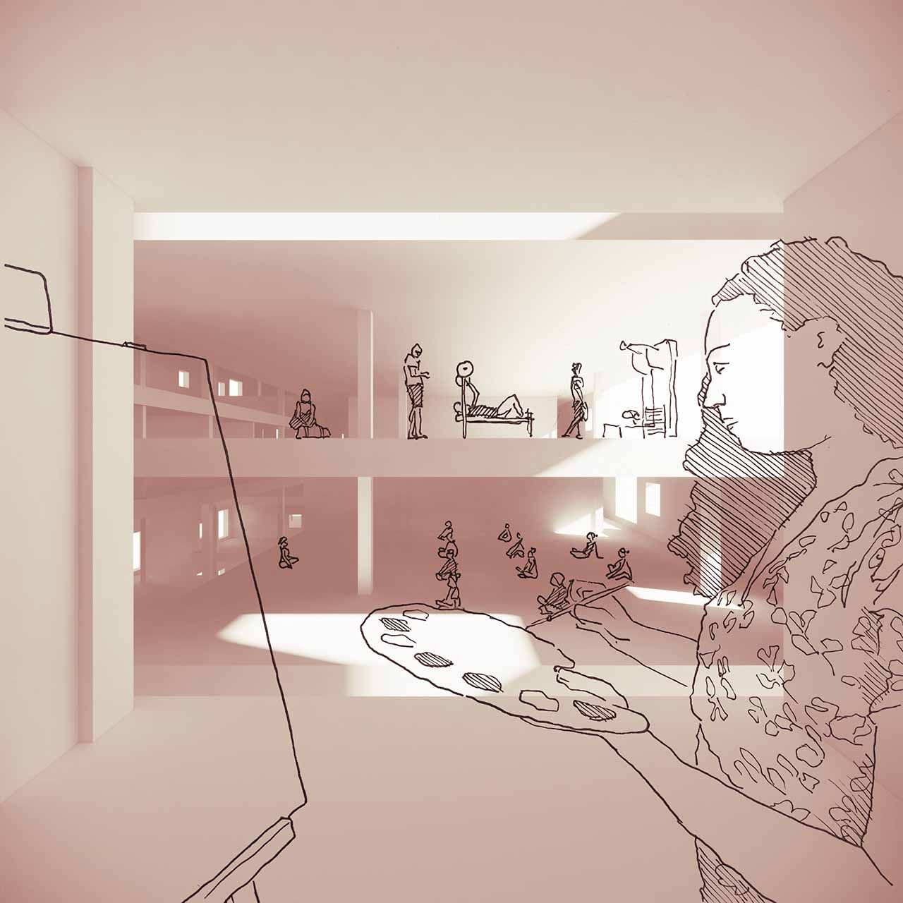 A woman paints a canvas, with the yoga class and weight lifters in the background